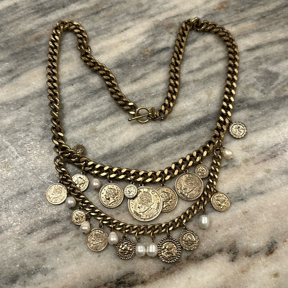 Freshwater pearled and chunky brass chain with European decorative coins
